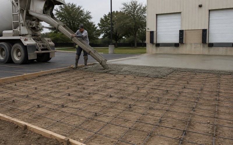 A ready mix chute discharging into a formed commercial parking lot section in Georgetown, concrete building against the form.