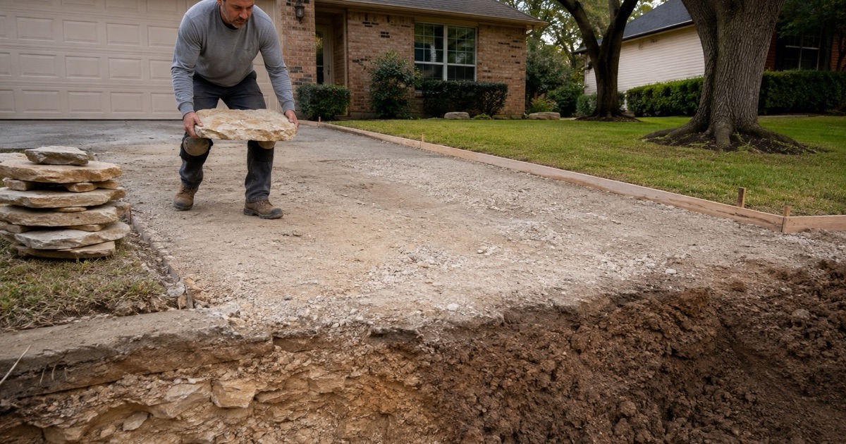 A sealer being rolled onto a finished stamped patio behind an Austin house, well inside the rear boundary of the lot.
