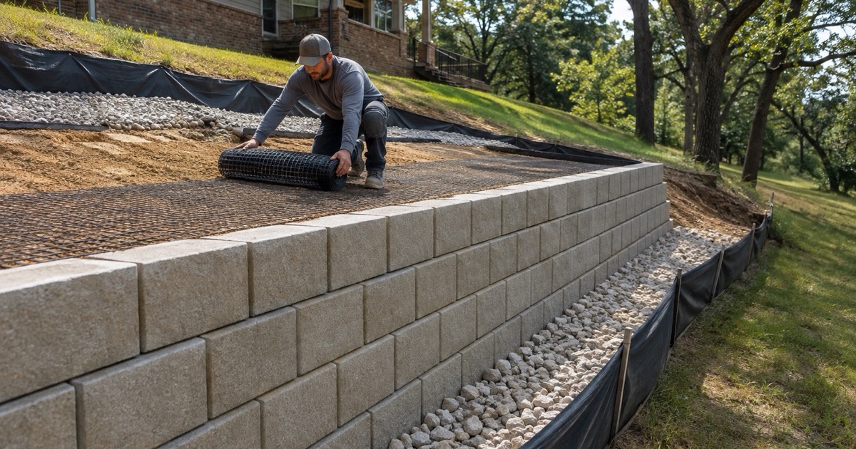 A tall segmental retaining wall being built into a Barton Creek hillside lot, silt fence standing below the toe.