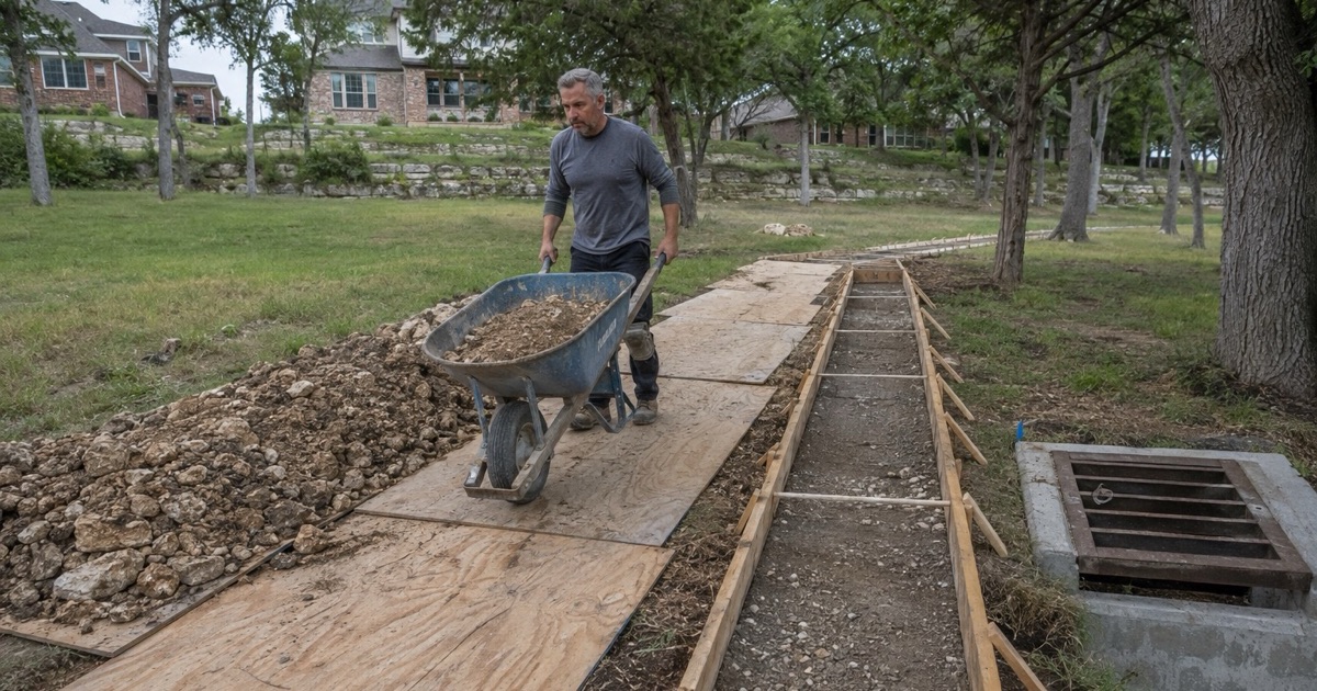 A wheelbarrow of base course being run out along a new concrete trail in Brushy Creek, the spoil kept up on boards clear of the easement.
