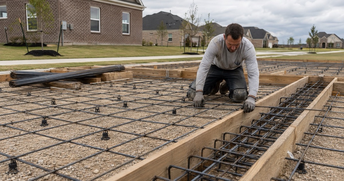 Steel being set in a formed beam trench for a new concrete slab at an Elgin subdivision home.