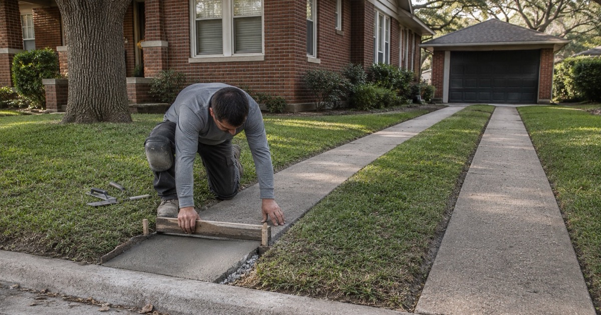 A ribbon driveway of two parallel concrete strips being checked at an older Georgetown house, the strips running from the street to a detached garage.