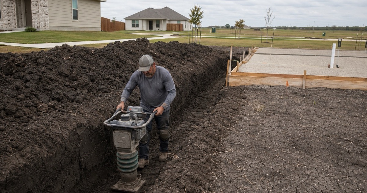 Dark clay being compacted in a footing trench at a fast growing Hutto subdivision, with no stone anywhere in the spoil.