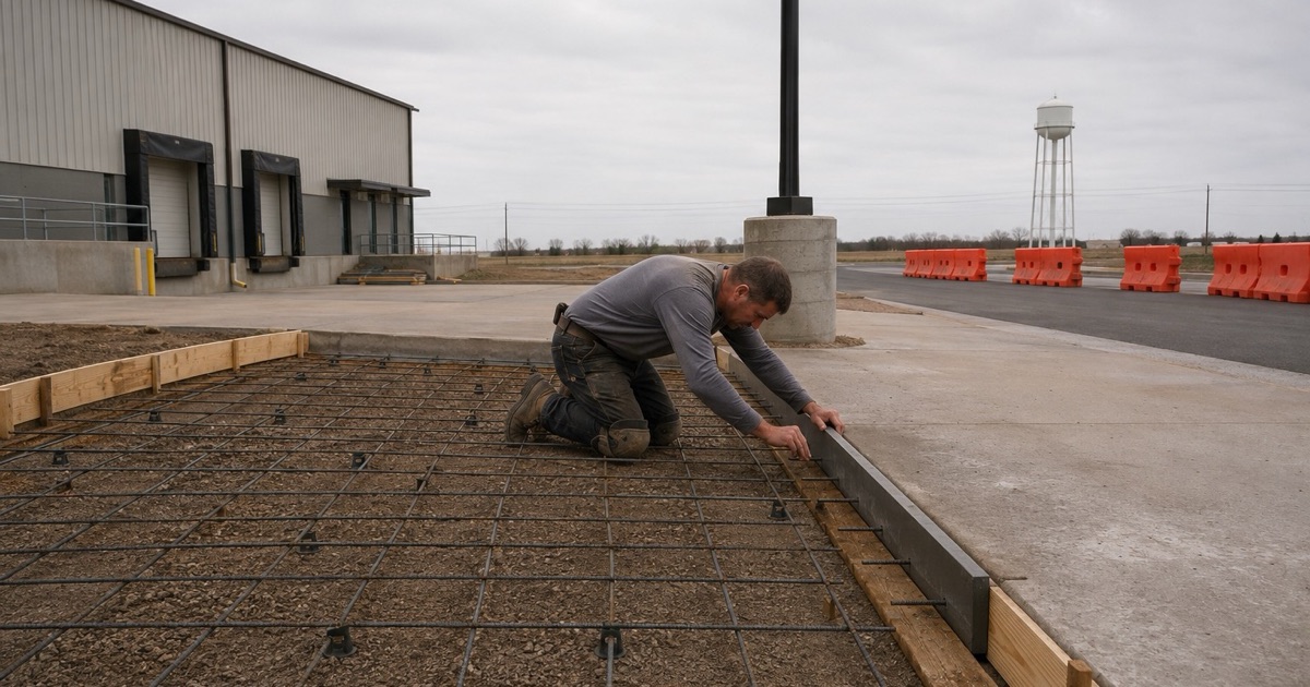 A commercial drive apron being formed at a Jarrell site, dowels set through the header at the existing drive lane.
