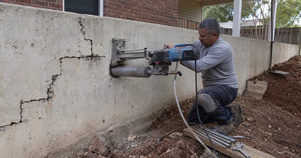 A core barrel being worked into a cracked concrete wall in Killeen, drilling for the dowels that will tie the structural repair together.