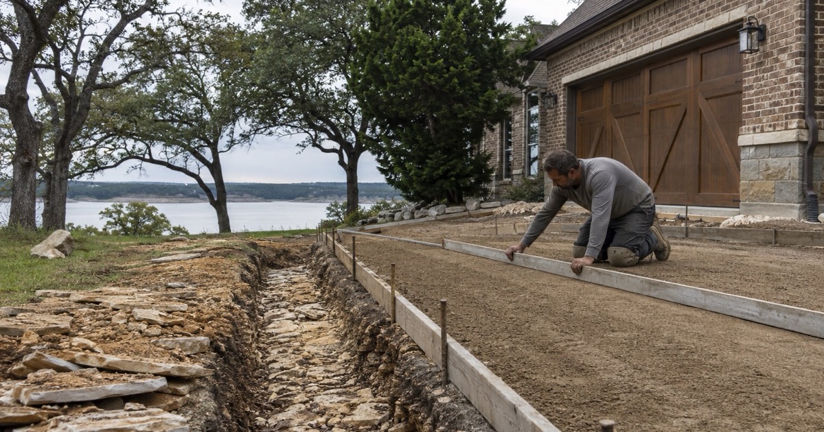 A concrete drive being formed at a Lago Vista home, with weathered rock broken out in flat plates beside the service trench.