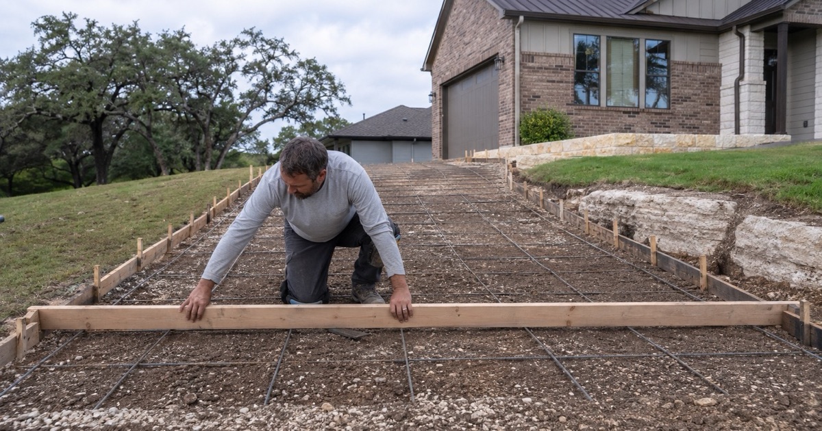 A grade stake being pulled from beside a newly stripped concrete driveway in Leander, limestone outcrop breaking through the grass behind.