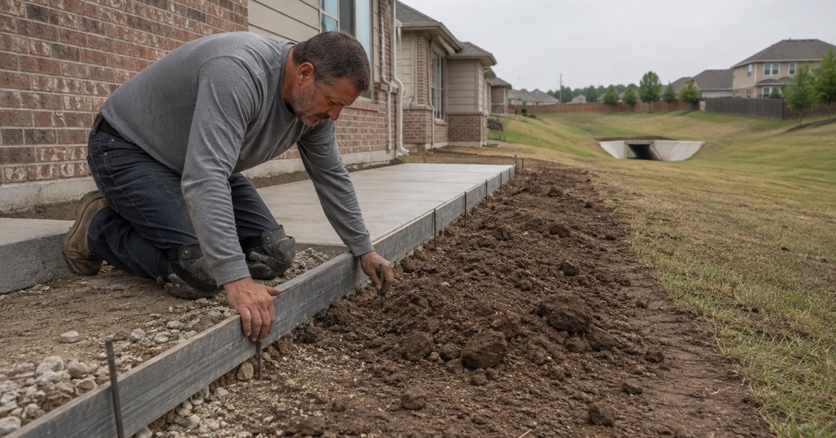 A trench drain channel being bedded into a concrete patio in Pflugerville, the finished fall running away from the house toward it.