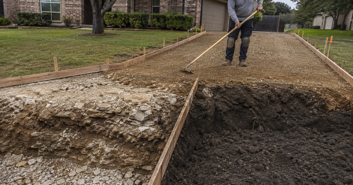 A curb form being set for a residential drive approach in Round Rock, with the curb inlet kept clear a few feet along the gutter line.