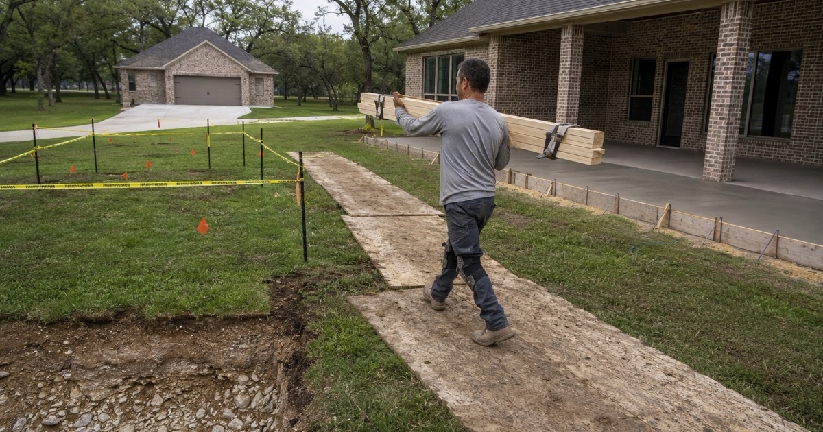 Form lumber being carried in over timber mats at a Serenada lot, the flagged septic drainfield kept well clear of the new patio.