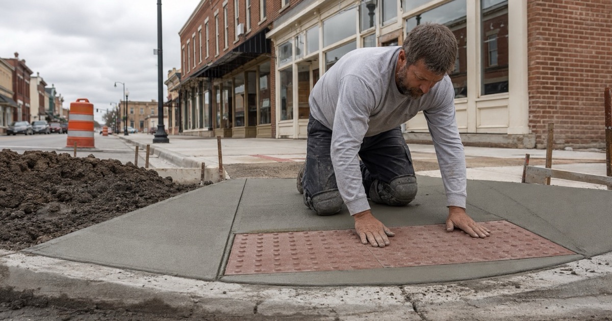 A detectable warning panel being set into the wet landing of a new curb ramp in Taylor, the ramp running down to the gutter.
