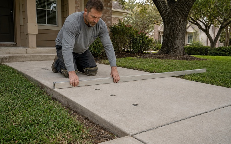 A long straightedge laid across a lifted concrete slab in Georgetown, the injection ports still open along the settled panel.