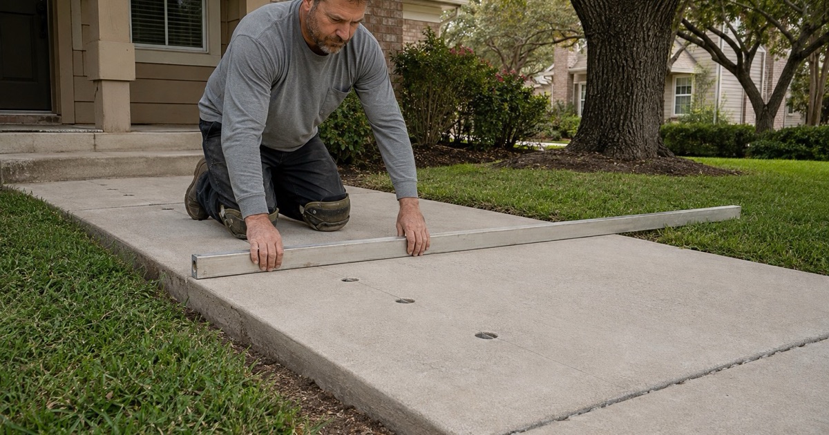 A long straightedge laid across a lifted concrete slab in Georgetown, the injection ports still open along the settled panel.