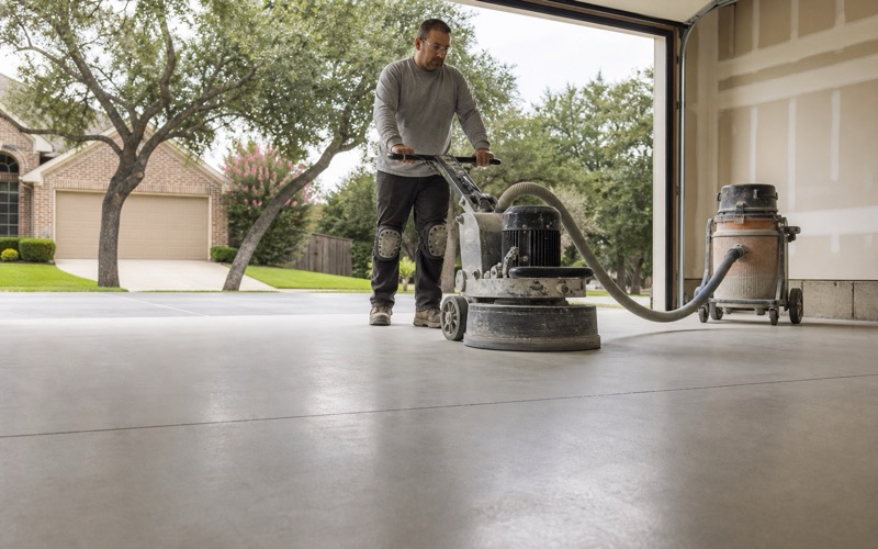 A planetary grinder working a polished concrete floor in a Georgetown commercial interior, the polished and unpolished halves meeting in a line.